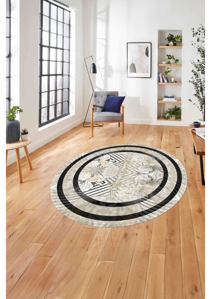 Çerçeveli Çiçek Motifli Yıkanabilir Kaymaz Yuvarlak Salon Halısı, ÇERÇEVELİ-Y-122-BEJ,