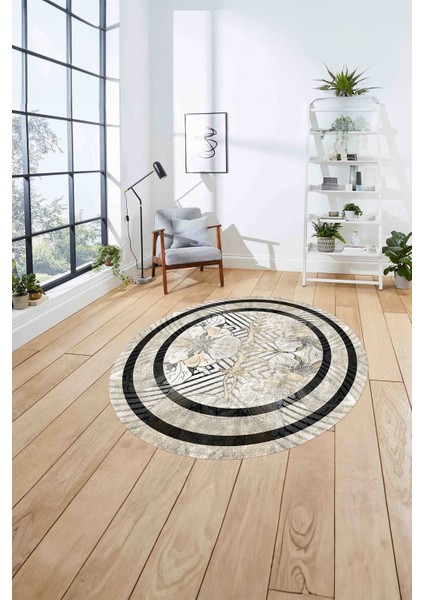 Çerçeveli Çiçek Motifli Yıkanabilir Kaymaz Yuvarlak Salon Halısı, ÇERÇEVELİ-Y-122-BEJ, fırsatları