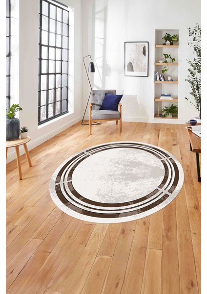 Çerçeveli Dekoratif Baskılı Yıkanabilir Kaymaz Yuvarlak Salon Halısı, Çerçeveli-Y-68-Kahve,