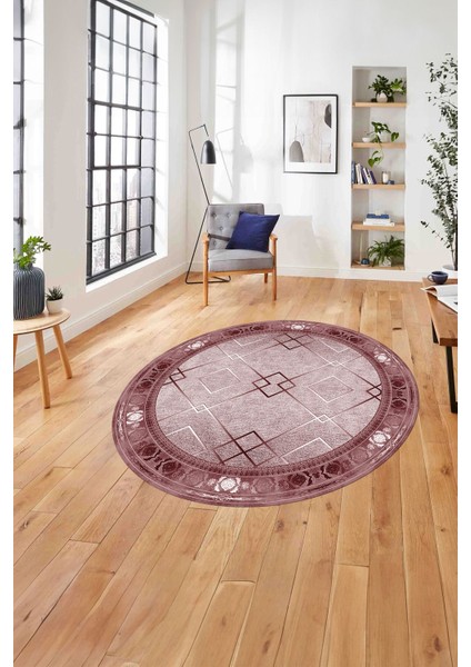 Çerçeveli Üçgen Detaylı Desen Yıkanabilir Kaymaz Yuvarlak Salon Halısı, Çerçeveli-Y-75-Bordo,