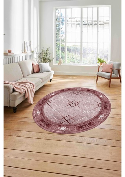 Çerçeveli Üçgen Detaylı Desen Yıkanabilir Kaymaz Yuvarlak Salon Halısı, Çerçeveli-Y-75-Bordo, modelleri