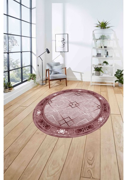 Çerçeveli Üçgen Detaylı Desen Yıkanabilir Kaymaz Yuvarlak Salon Halısı, Çerçeveli-Y-75-Bordo, fırsatları