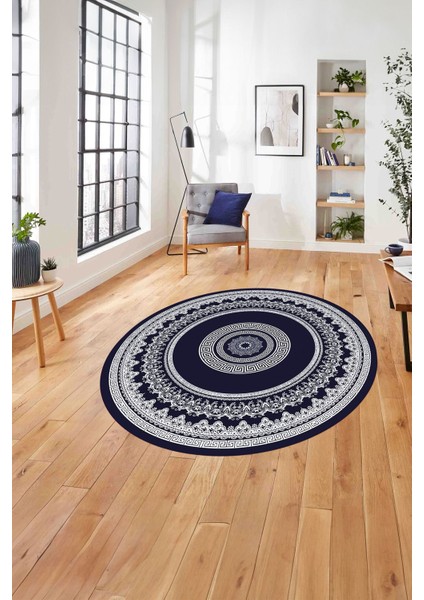Çerçeveli Göbek Desenli Yıkanabilir Kaymaz Yuvarlak Salon Halısı, Çerçeveli-Y-88-Lacivert,