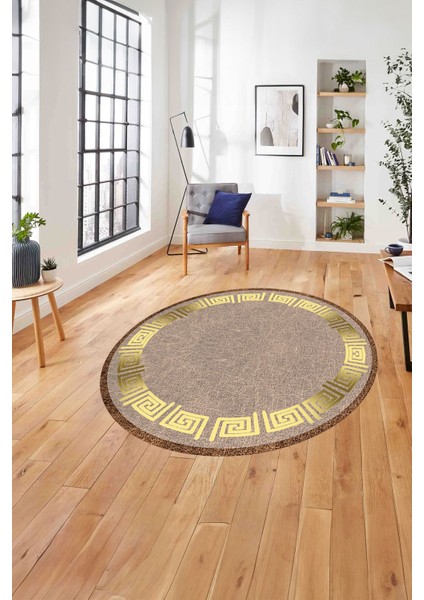 Çerçeveli Vektörel Mermer Desenli Yıkanabilir Kaymaz Yuvarlak Salon Halısı, Çerçeveli-Y-95-Gold,