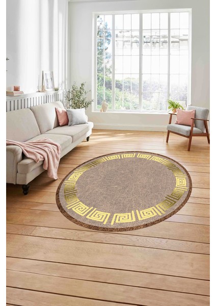 Çerçeveli Vektörel Mermer Desenli Yıkanabilir Kaymaz Yuvarlak Salon Halısı, Çerçeveli-Y-95-Gold, modelleri