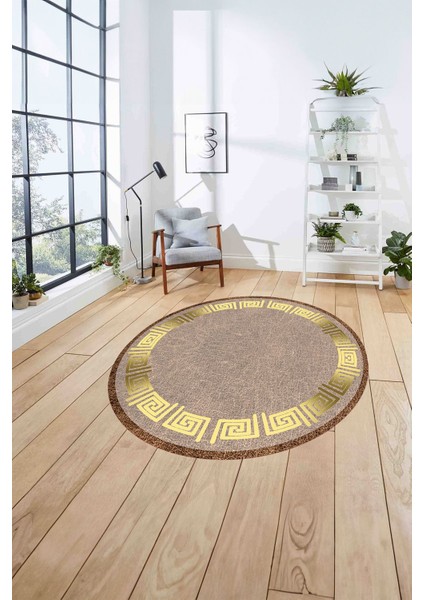 Çerçeveli Vektörel Mermer Desenli Yıkanabilir Kaymaz Yuvarlak Salon Halısı, Çerçeveli-Y-95-Gold, fırsatları