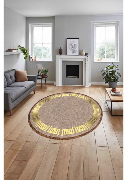 Çerçeveli Vektörel Mermer Desenli Yıkanabilir Kaymaz Yuvarlak Salon Halısı, Çerçeveli-Y-95-Gold, indirimleri
