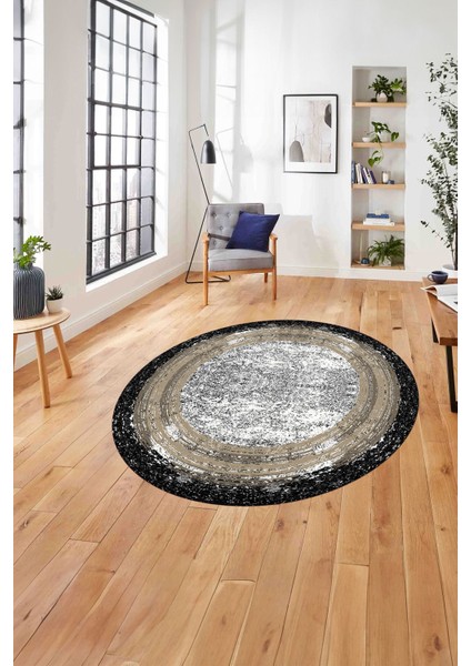 Çerçeveli Klasik Modern Yıkanabilir Kaymaz Yuvarlak Salon Halısı, ÇERÇEVELİ-Y-127-BEJ,