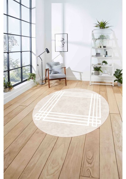 Çerçeveli Geometrik Motifli Yıkanabilir Kaymaz Yuvarlak Salon Halısı, Çerçeveli-Y-67-Bej, fırsatları