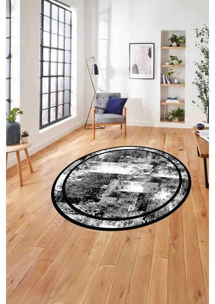 Çerçeveli Modern Dijital Baskılı Yıkanabilir Kaymaz Yuvarlak Salon Halısı, Çerçeveli-Y-77-Gri,