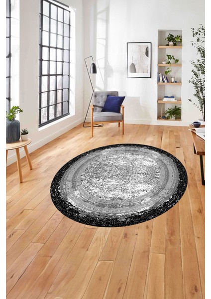 Çerçeveli Klasik Modern Yıkanabilir Kaymaz Yuvarlak Salon Halısı, ÇERÇEVELİ-Y-127-GRİ,