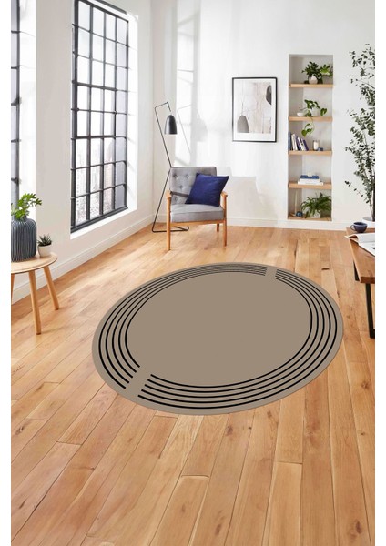 Çerçeveli Düz Çizgi Desenli Yıkanabilir Kaymaz Yuvarlak Salon Halısı, ÇERÇEVELİ-Y-102-BEJ,