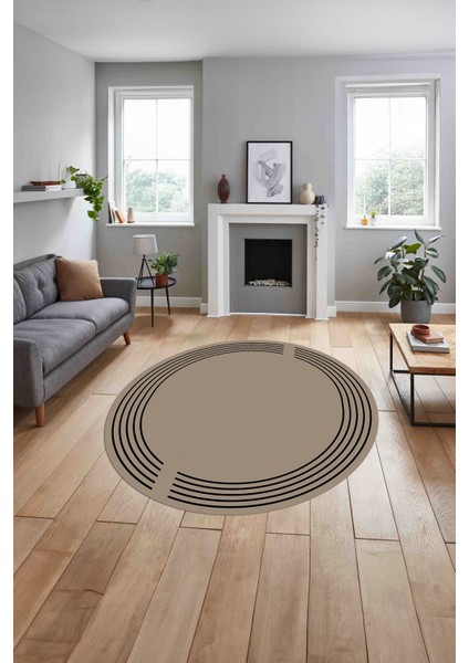 Çerçeveli Düz Çizgi Desenli Yıkanabilir Kaymaz Yuvarlak Salon Halısı, ÇERÇEVELİ-Y-102-BEJ, indirimleri