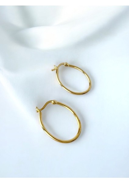 Asimetrik Oval Halka Küpe Gold Rengi Tasarım 925 Ayar Gümüş Küpe
