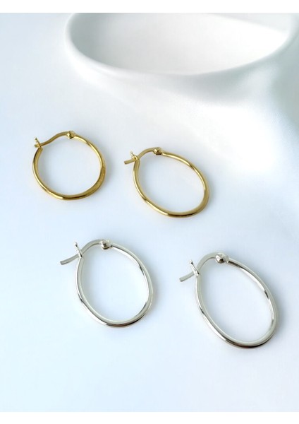 Asimetrik Oval Halka Küpe Gold Rengi Tasarım 925 Ayar Gümüş Küpe modelleri