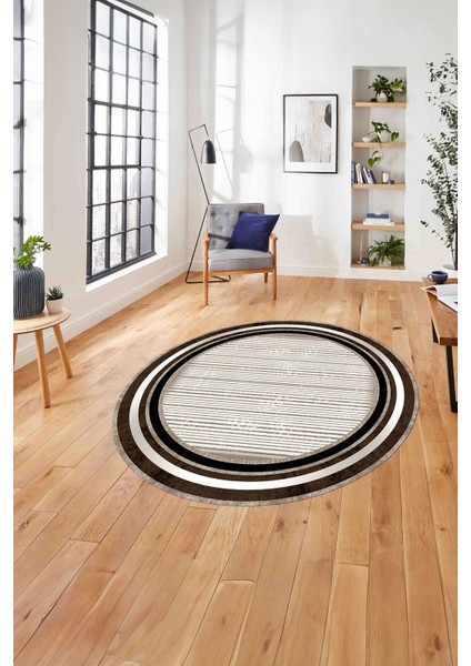 Çerçeveli Modern Çizgi Desenli Yıkanabilir Kaymaz Yuvarlak Salon Halısı, ÇERÇEVELİ-Y-120-KAHVE,