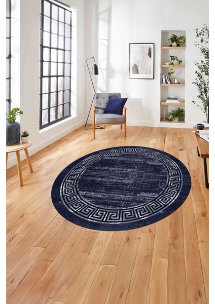 Çerçeveli Klasik Modern Yıkanabilir Kaymaz Yuvarlak Salon Halısı, Çerçeveli-Y-96-Lacivert,