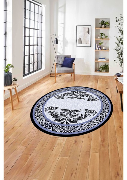 Çerçeveli Akrilik Motifli Yıkanabilir Kaymaz Yuvarlak Salon Halısı, Çerçeveli-Y-83-Mavi,