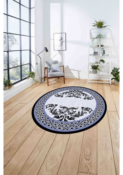 Çerçeveli Akrilik Motifli Yıkanabilir Kaymaz Yuvarlak Salon Halısı, Çerçeveli-Y-83-Mavi, fırsatları