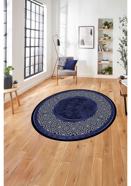 Çerçeveli Klasik Şekil Modern Yıkanabilir Kaymaz Yuvarlak Salon Halısı, ÇERÇEVELİ-Y-129-LACİVERT,