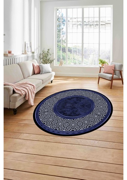Çerçeveli Klasik Şekil Modern Yıkanabilir Kaymaz Yuvarlak Salon Halısı, ÇERÇEVELİ-Y-129-LACİVERT, modelleri