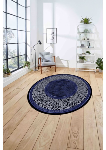 Çerçeveli Klasik Şekil Modern Yıkanabilir Kaymaz Yuvarlak Salon Halısı, ÇERÇEVELİ-Y-129-LACİVERT, fırsatları