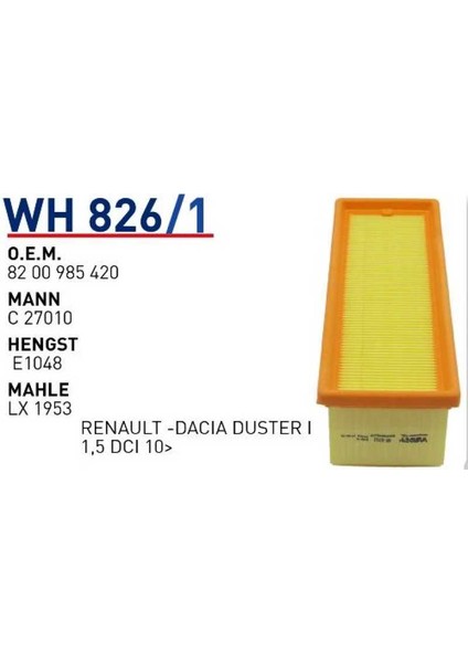 Wh826/1 Oem 8200985420 Renault Dacıa Duster II 1,5 Dci Hava Filtre