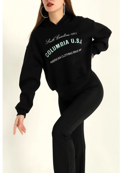 Eşofman Takımı Sweatshirt Kapşonlu Üç Iplik Şardonlu Siyah