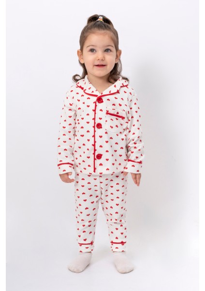 Pijama Takımı Kruvaze Yaka Kalp Baskılı Çocuk ve Bebek Pijama Takımı