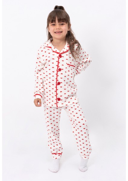 Pijama Takımı Kruvaze Yaka Kalp Baskılı Çocuk ve Bebek Pijama Takımı