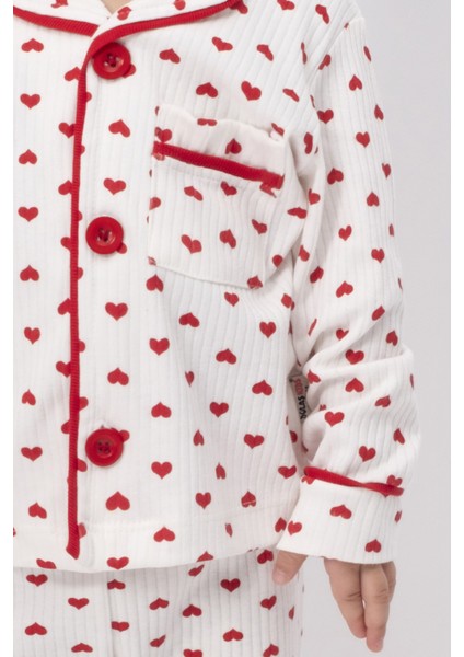 Pijama Takımı Kruvaze Yaka Kalp Baskılı Çocuk ve Bebek Pijama Takımı