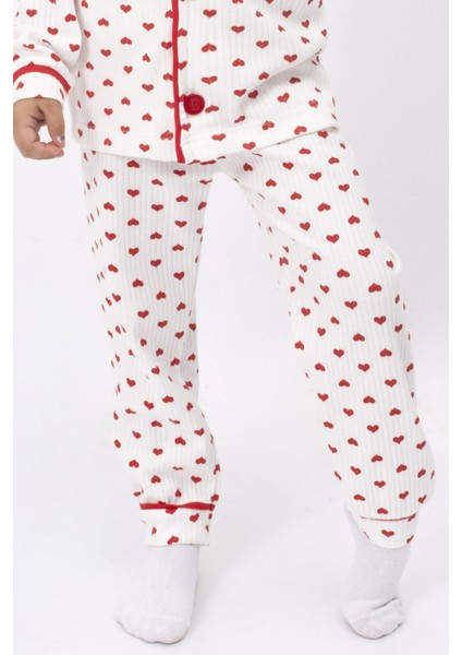 Pijama Takımı Kruvaze Yaka Kalp Baskılı Çocuk ve Bebek Pijama Takımı