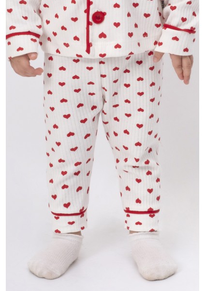 Pijama Takımı Kruvaze Yaka Kalp Baskılı Çocuk ve Bebek Pijama Takımı