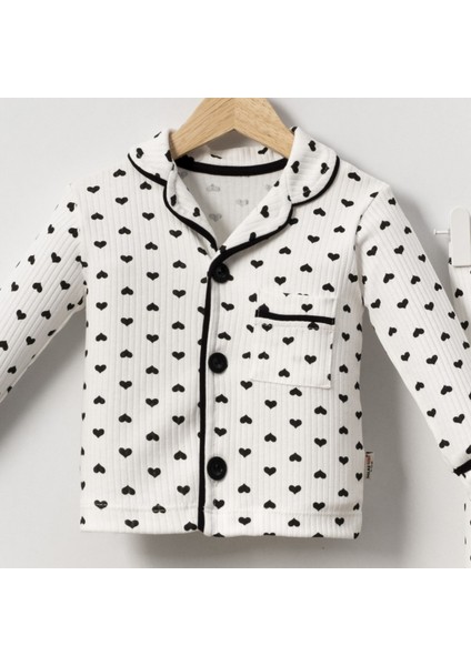 Pijama Takımı Kruvaze Yaka Kalp Baskılı Çocuk Ve Bebek Pijama Takımı