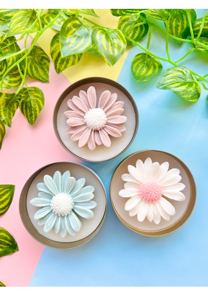 Metal Kutuda ( Pembe / Mint Yeşili / Ekru ) Papatya Mum I Kokulu I Dekoratif I Hediyelik I El Yapımı I Konsept I Vegan I Soyawax