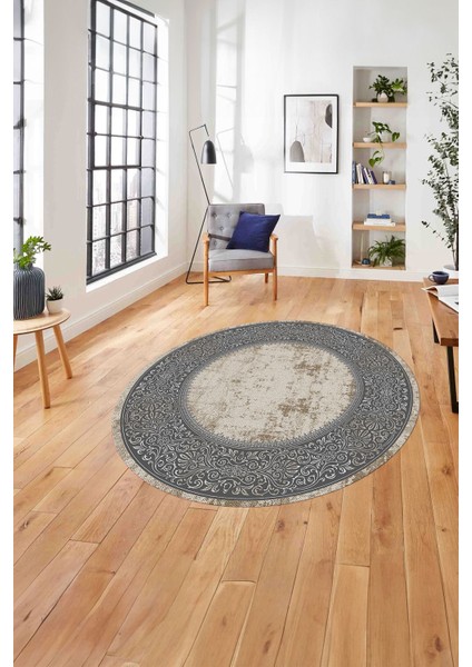 Çerçeveli Klasik Modern Model Yıkanabilir Kaymaz Yuvarlak Salon Halısı, ÇERÇEVELİ-Y-128-GRİ,