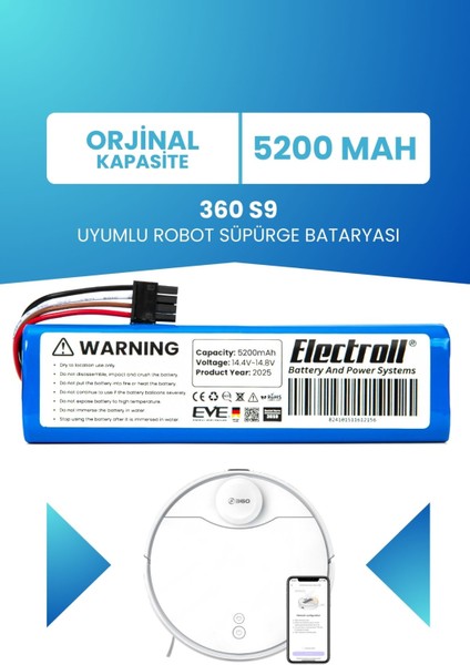 360 S9 Uyumlu Batarya (ORJİNAL KAPASİTE) 5200mah Pil Robot Süpürge Bataryası Değişimi 360rcs9us