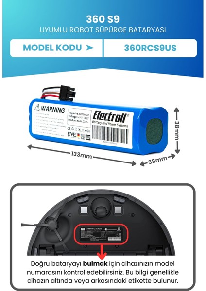360 S9 Uyumlu Batarya (ORJİNAL KAPASİTE) 5200mah Pil Robot Süpürge Bataryası Değişimi 360rcs9us