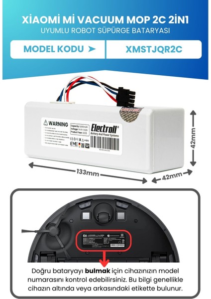 Xiaomi Mi Vacuum Mop 2c 2in1 Uyumlu Batarya (MEGA KAPASİTE) 5200mah Robot Süpürge Pili Xmstjqr2c
