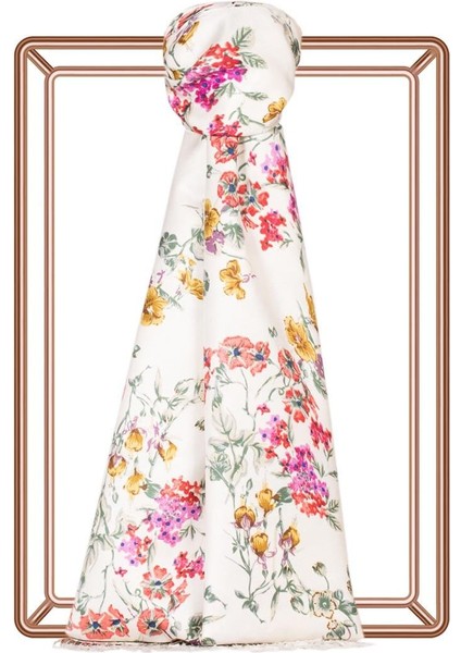 Çiçek Tacı Desen Ipek Şal 6001-KREM Kırmızı