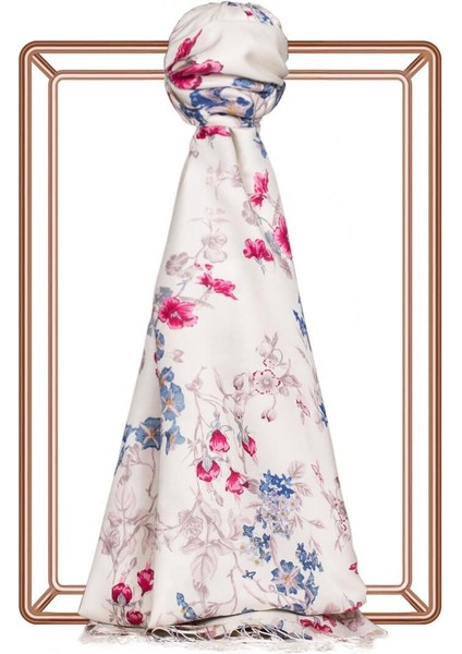 Çiçek Tacı Desen Ipek Şal 6001-KREM Mavi