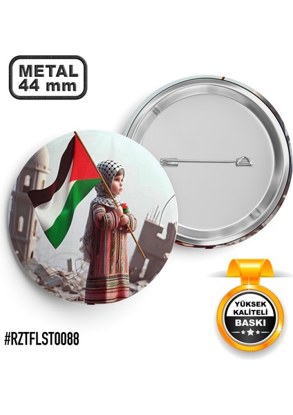 Filistin Bayrak Küçük Kız Iğneli Rozet 44 mm