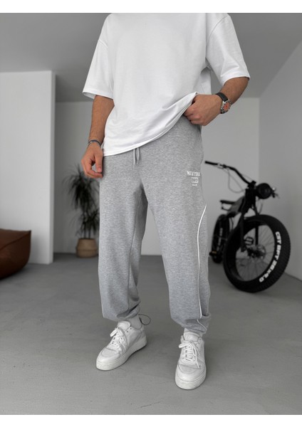 Gri New York Nakışlı Stoper Paça Eşofman PM-015