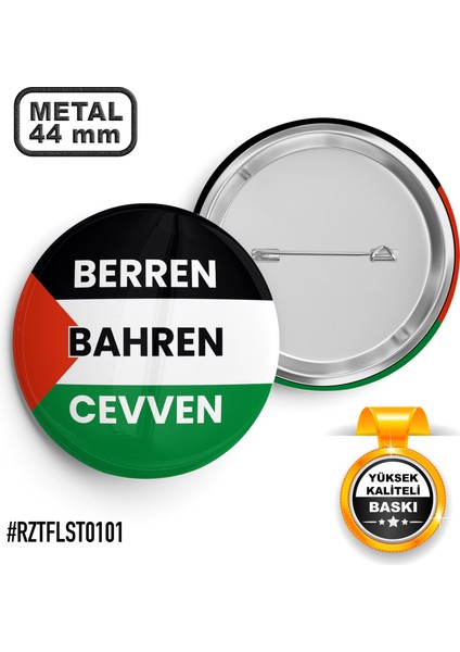 Filistin Bayrak Berren Bahren Cevven Iğneli Rozet 44 mm