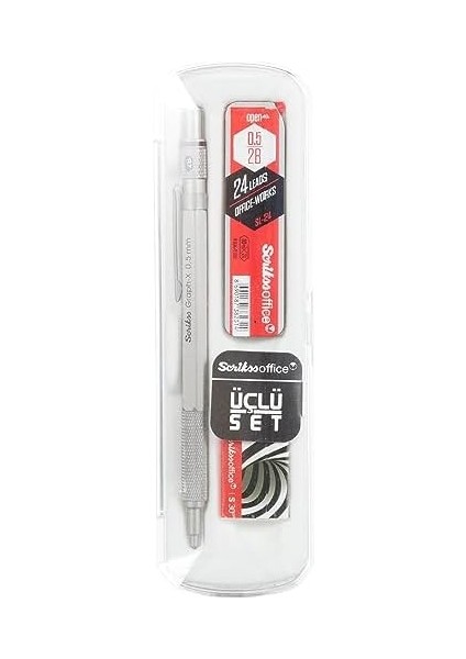 Office Graphx 3'lü Set Mekanik Kurşun Kalem Silgi Min Kurşun Gri 0.5 mm