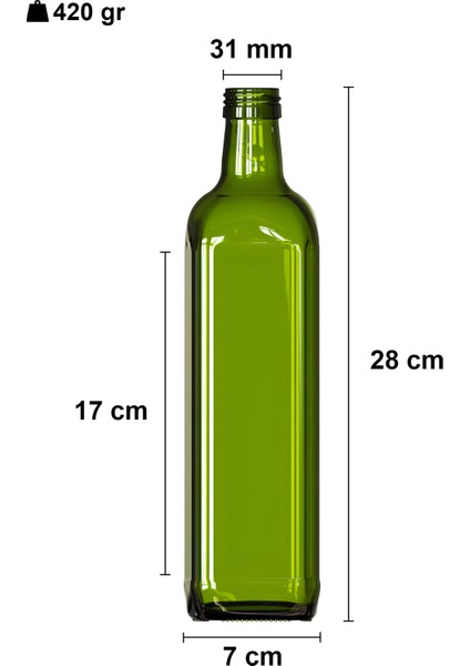 750 ml Yeşil Maraska Kilitli Yağdanlık Kapaklı ve Kapüşonlu Köşeli 750 cc Boş Cam Şişe 1 Adet