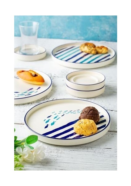 Seramik Marin 18 Parça 6 Kişilik Özel Tasarım Hand Made Stackable Kahvaltı Çay Seti
