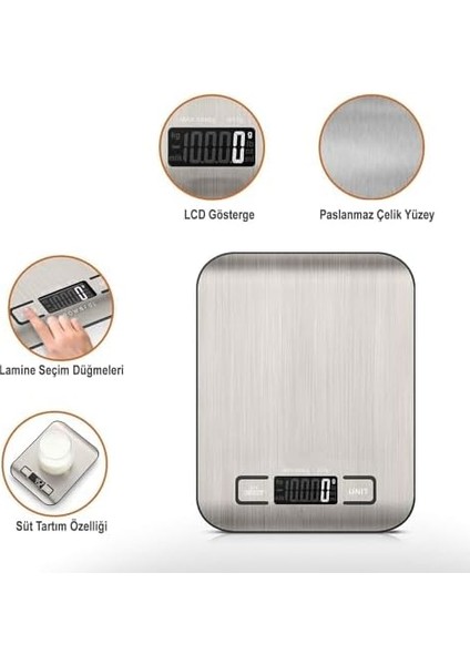 Home Dijital Mutfak Terazisi, Paslanmaz Çelik Yüzeyli Hassas Tartı, Dara Işlevi, LCD Ekran,piller Dahil 5 Birim Dönüştürme, Otomatik Kapanma Özellikli, 5 kg Kapasite