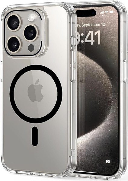 Apple iPhone 15 Pro Max Için Ultimate Serisi Magsafe ile Uyumlu Kesinlikle Sararmayan Ultra Şeffaf Kristal Berraklığında Akrilik Sert Kılıf Metal Tuşlar ve Güçlü Manyetik Kılıf (Siyah)
