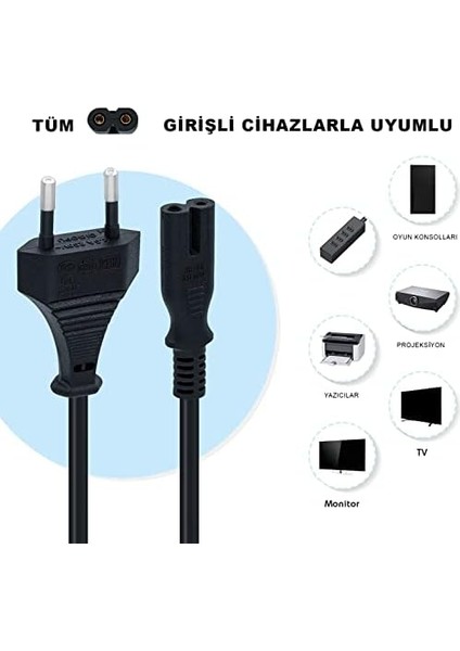Ps3 / Ps4 / Ps5 / Xbox Series S-X Uyumlu Güç Kablosu 1.5 Metre 2pin Güç Kablosu Projeksiyon - Monitör - Tv Universal 2pin Güç Kablosu